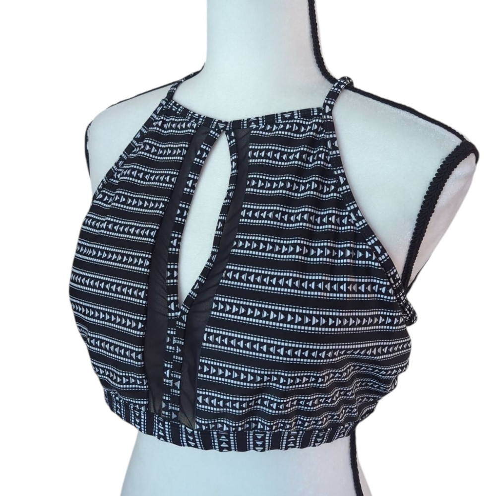 Time & Tru Keyhole Mesh Striped Padded Halter Swim Top XL (16-18) Black White